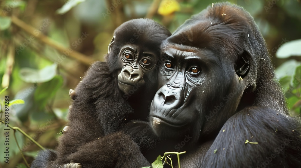 Obraz premium Gorillas are strong and intelligent primates, living in cohesive family groups in African jungles.