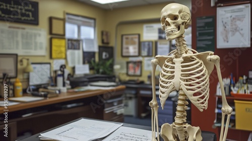 Doctors office with medical instruments charts and a model of the human skeleton on display