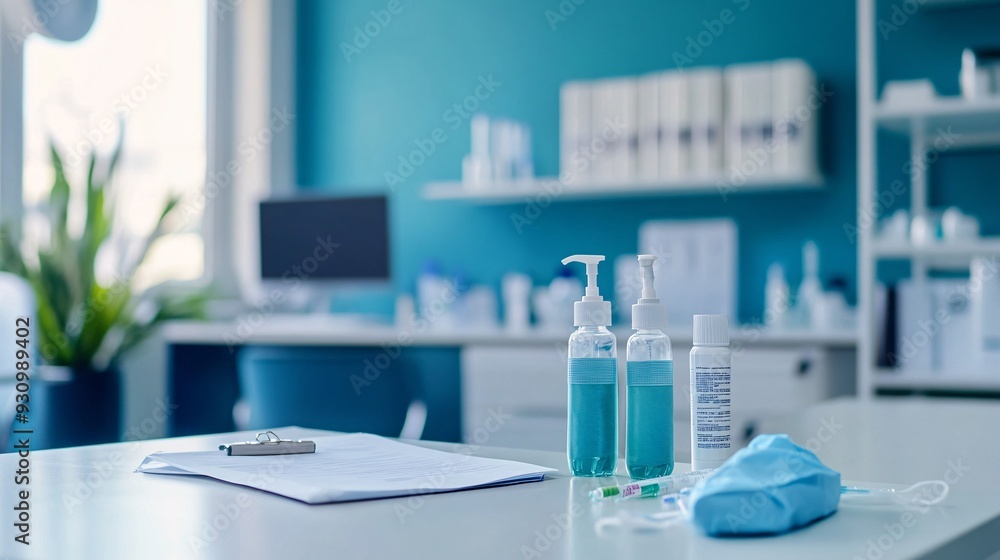 Doctors office with a focus on hygiene showing hand sanitizer gloves and a mask on the desk Doctors office with a focus on hygiene showing hand sanitizer gloves and a mask on the desk
