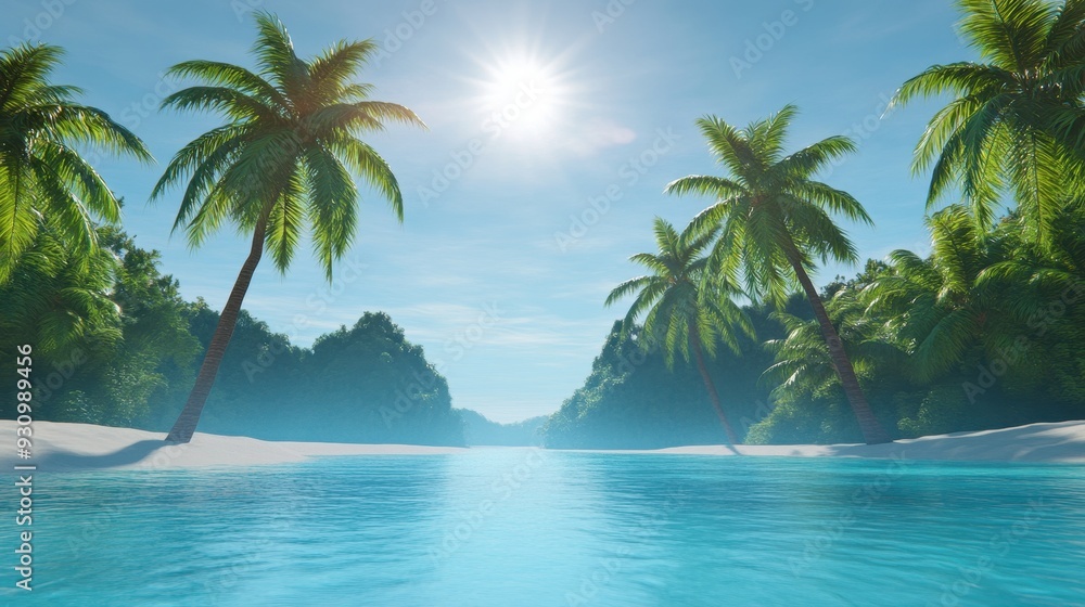 Tropical Paradise Beach with Palm Trees and Clear Blue Water Tropical Paradise Beach with Palm Trees and Clear Blue Water