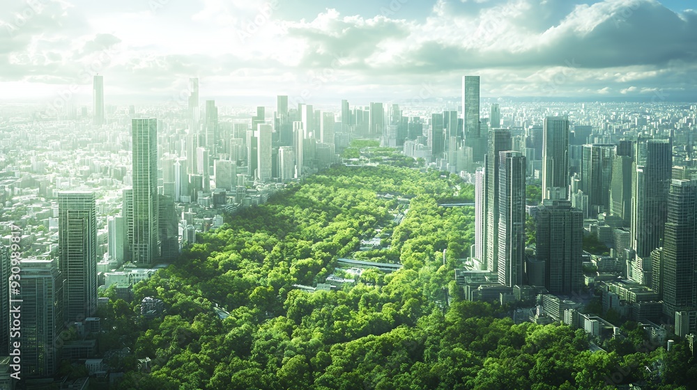 Obraz premium A lush green park stretching through a modern metropolis surrounded by towering skyscrapers under a bright, sunlit sky.
