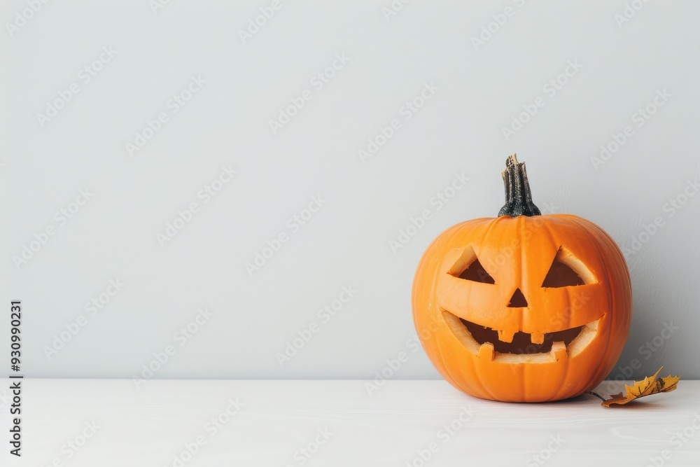 Smiling Jack-o'-Lantern: A friendly, carved pumpkin with a wide grin sits on a white surface against a light gray background, inviting viewers to celebrate the joy of Halloween. Smiling Jack-o'-Lantern: A friendly, carved pumpkin with a wide grin sits on a white surface against a light gray background, inviting viewers to celebrate the joy of Halloween.