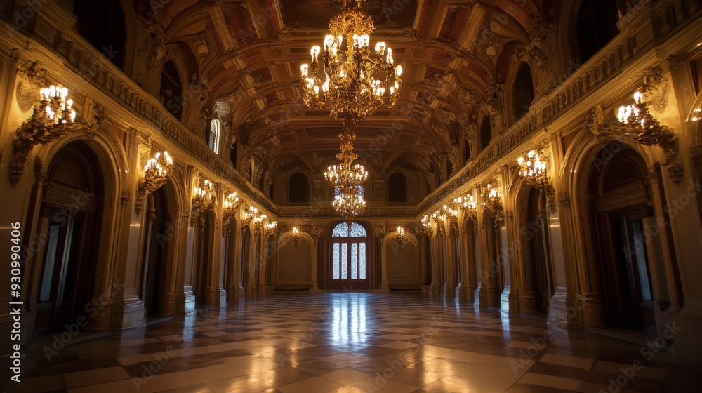Grand ballroom with ornate chandeliers and marble floors. Grand ballroom with ornate chandeliers and marble floors.