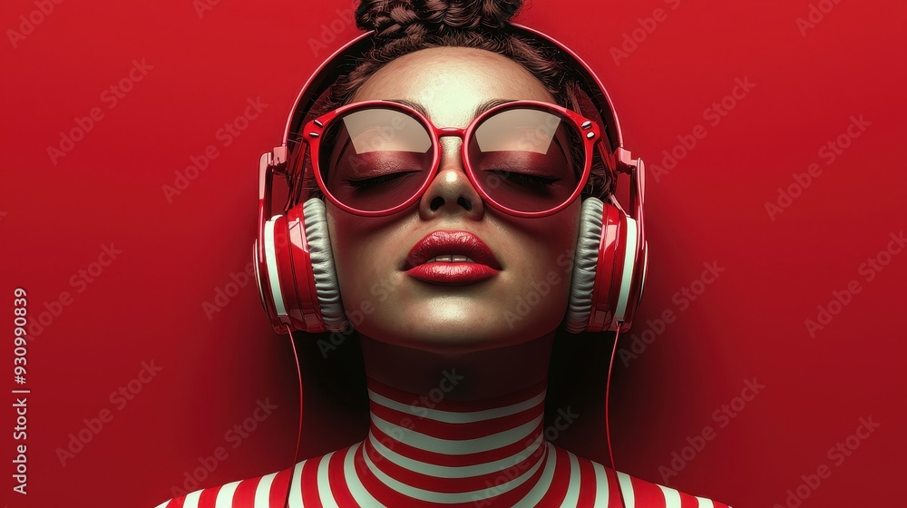 Red Headphones Sunglasses and Stripes Fashionable Woman in Red Red Headphones Sunglasses and Stripes Fashionable Woman in Red