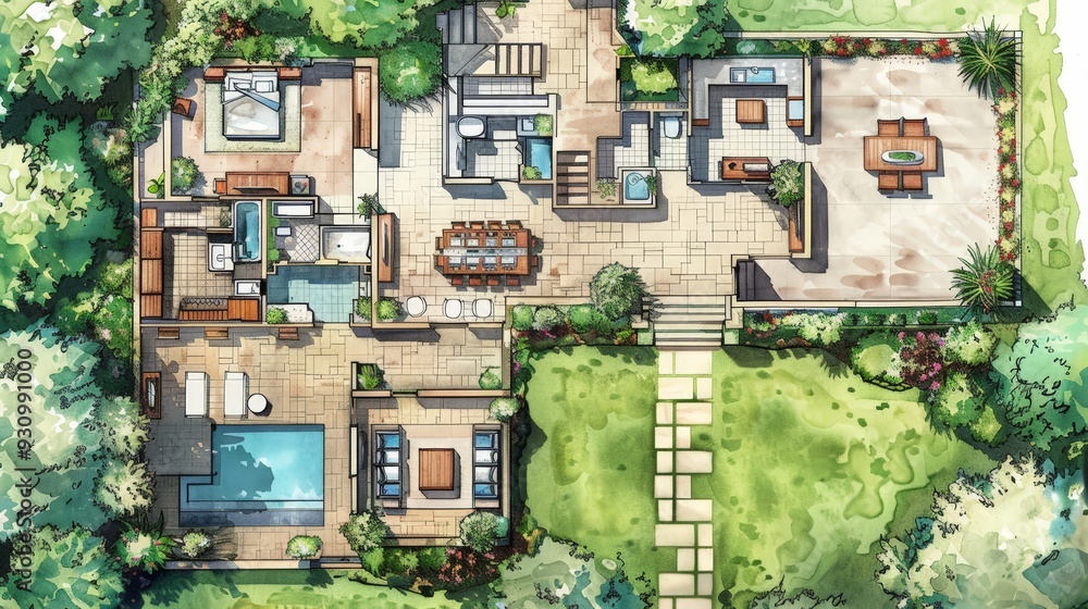 Illustrate a floor plan for a suburban family home, detailing the layout of living areas, bedrooms, and backyard space. Illustrate a floor plan for a suburban family home, detailing the layout of living areas, bedrooms, and backyard space.