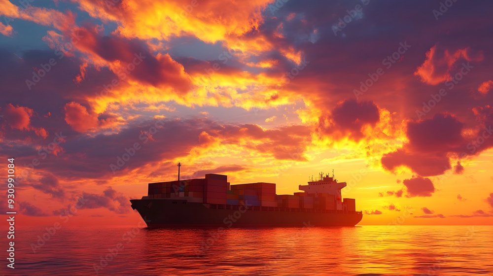 Majestic cargo ship silhouetted against a vibrant colorful sunset sky with rows of stacked containers on its deck creating a tranquil and serene maritime scene Majestic cargo ship silhouetted against a vibrant colorful sunset sky with rows of stacked containers on its deck creating a tranquil and serene maritime scene