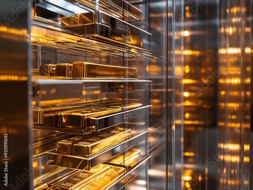 shiny gold bars stacked in a luxurious bank vault, photo