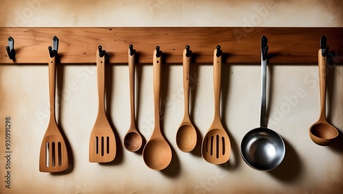 Wooden Kitchen Utensils Hanging on a Rack