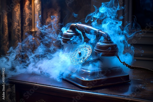 An antique rotary phone sits on a wooden table, emitting a swirling blue smoke.