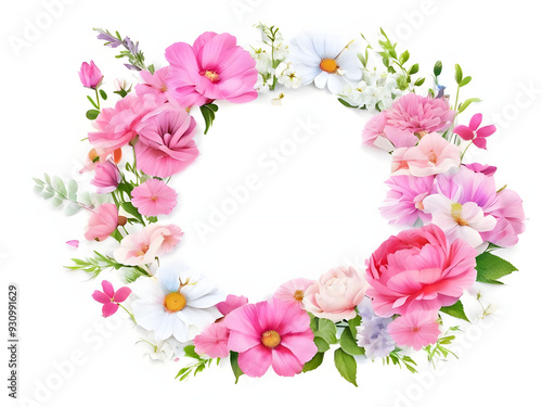 Beautiful floral frame composition with space for text. Garden flowers on white background. Valentine's Day, Easter,