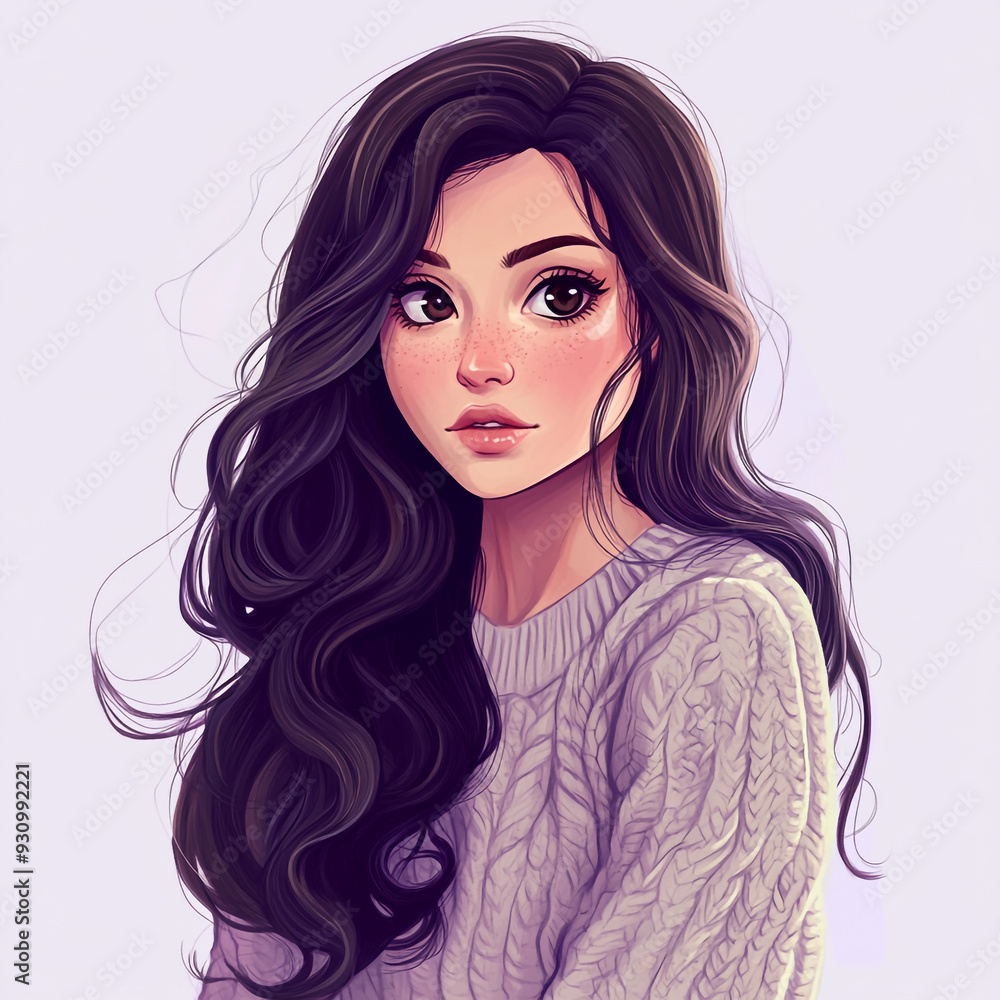 Naklejka premium Beautiful young woman with long dark hair and soft makeup 아름답고 긴 검은 머리에 부드러운 메이크업을 한 젊은 여성