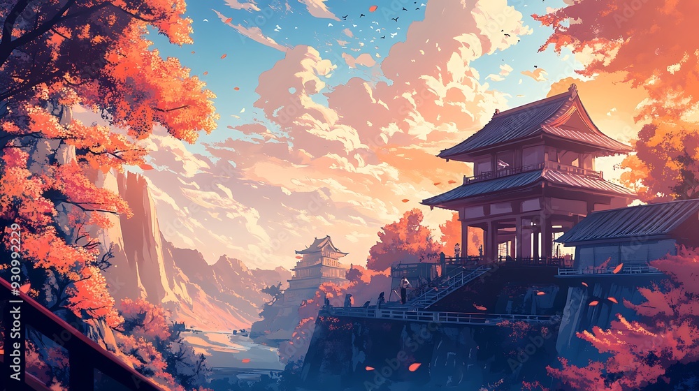 Fototapeta premium Japanese Temple with Autumnal Foliage and Dramatic Sky