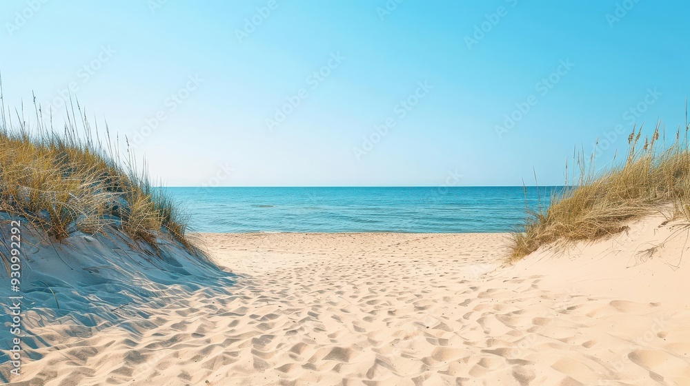 A sunny day at the beach with a clear sky and calm waters, the epitome of summer relaxation, summer sea, beach vibes, relaxation A sunny day at the beach with a clear sky and calm waters, the epitome of summer relaxation, summer sea, beach vibes, relaxation