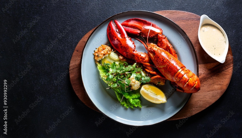 roosted lobster served on a plate and salad planter with sauce roosted lobster served on a plate and salad planter with sauce