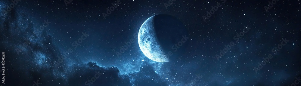 Fototapeta premium A stunning view of a blue moon illuminated by distant stars, set against a dark cosmic background, perfect for space themes.