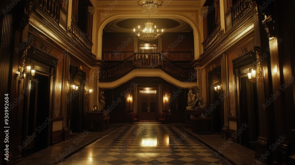 Obraz premium A grand and elegant foyer with a sweeping staircase, marble floors, and ornate chandeliers, creating a sense of history and grandeur.