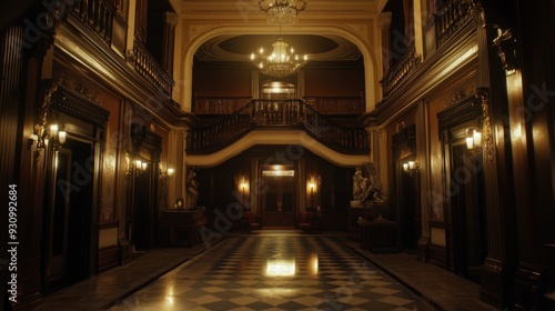 A grand and elegant foyer with a sweeping staircase, marble floors, and ornate chandeliers, creating a sense of history and grandeur.