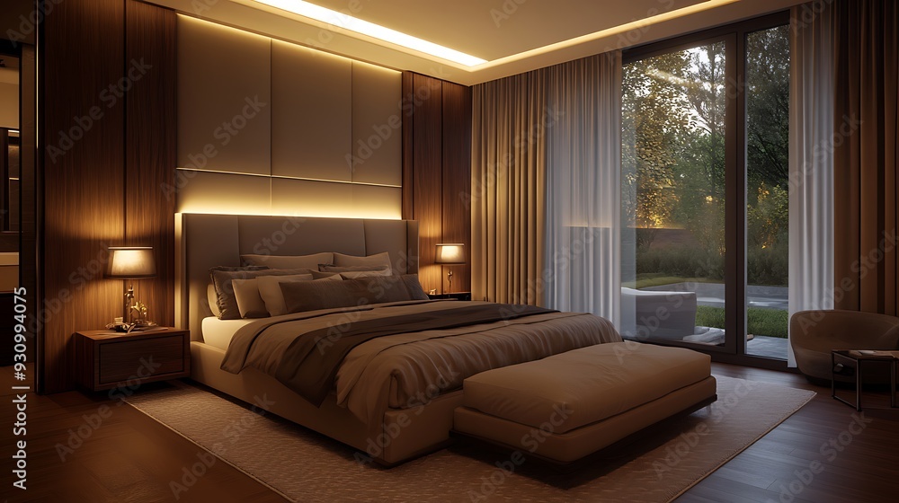 Modern Bedroom with a View of a Backyard at Night Modern Bedroom with a View of a Backyard at Night
