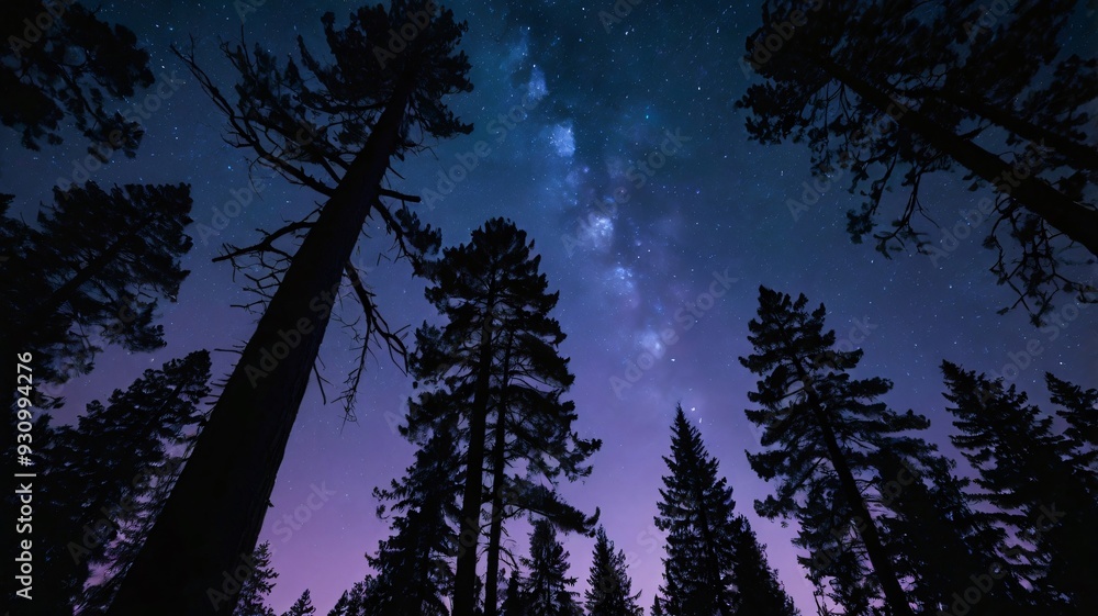 Silhouetted against a starry night sky with a hint of moonlight, the ...