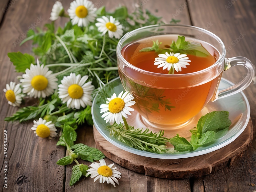 A steaming cup of herbal tea surrounded by fresh herbs like chamomile and mint, set against a rustic wooden table, ideal for digestive or relaxation health products. Made with generative AI technology A steaming cup of herbal tea surrounded by fresh herbs like chamomile and mint, set against a rustic wooden table, ideal for digestive or relaxation health products. Made with generative AI technology