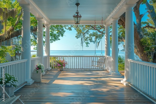 Beautiful porch with wooden floors, white columns, and a swing, showcasing coastal architecture on a sunny day. photo