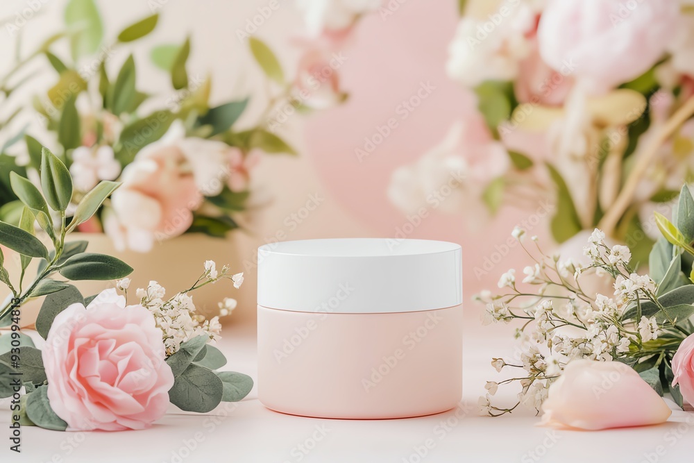A soft, pink skincare jar surrounded by delicate flowers, perfect for beauty and cosmetic product presentations. A soft, pink skincare jar surrounded by delicate flowers, perfect for beauty and cosmetic product presentations.