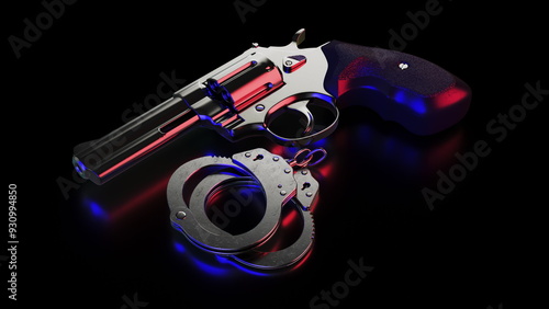 Revolver and handcuffs in the light of red and blue police lights on a black background. 