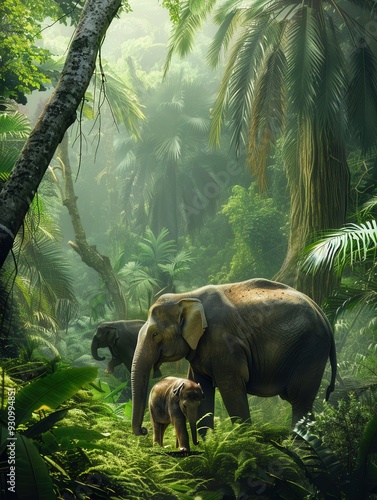 Fototapeta Naklejka Na Ścianę i Meble -  A mother elephant gently guides her calf through dense greenery in a vibrant jungle under soft morning light. Generative AI