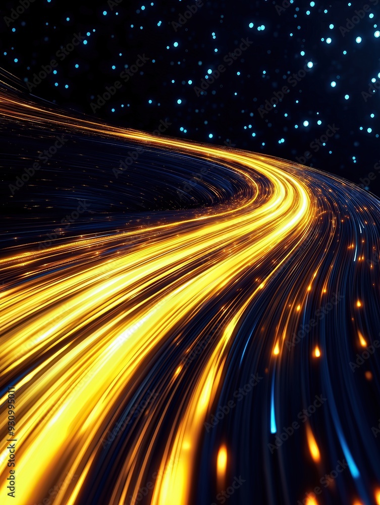 Light speed, yellow light trail, blue background, light effects, high-speed motion blur effect, futuristic technology style, cool tone, fast shutter speed Light speed, yellow light trail, blue background, light effects, high-speed motion blur effect, futuristic technology style, cool tone, fast shutter speed