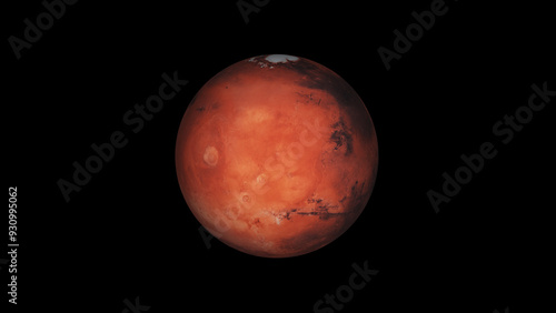 Mars is a planet of the solar system on a black background. Elements of this image provided by NASA. 3d render.