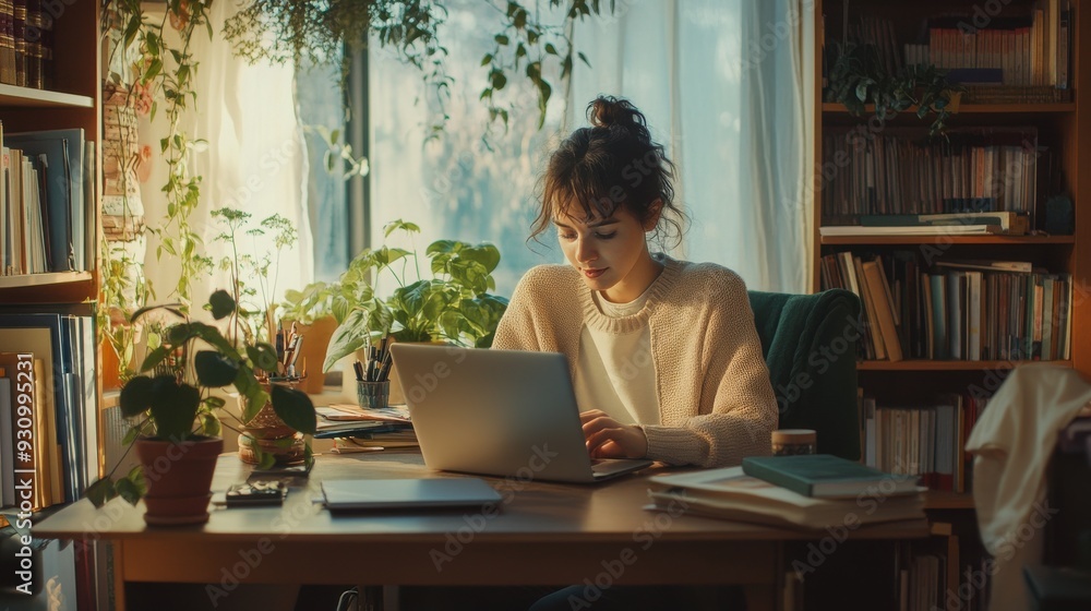 A serene and focused scene in a home office where a young professional is working on a laptop, surrounded by books, plants, and personal decor, the room filled with natural light from a nearby A serene and focused scene in a home office where a young professional is working on a laptop, surrounded by books, plants, and personal decor, the room filled with natural light from a nearby