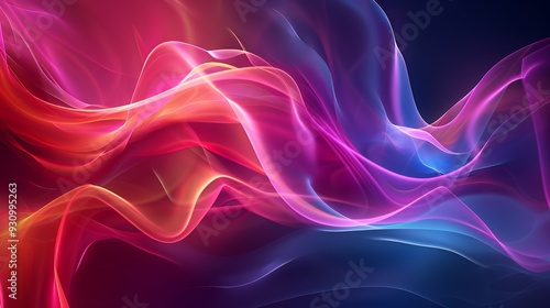 Abstract colorful glowing waves in pink, red, yellow, and blue colors on a dark background.