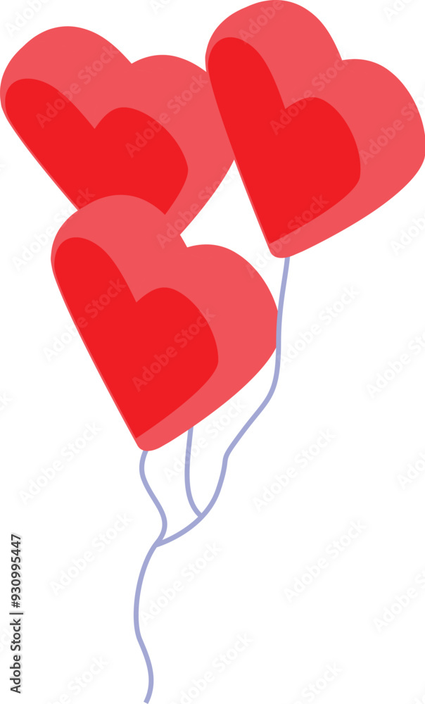 Three red heart shaped balloons are floating with blue strings on white background Three red heart shaped balloons are floating with blue strings on white background
