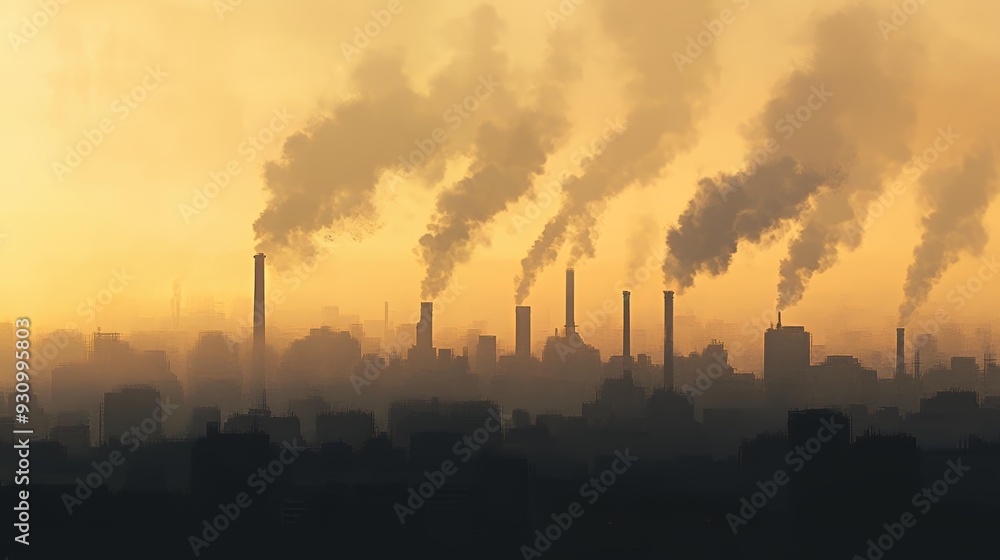 Silhouette of a city skyline with industrial smokestacks emitting plumes of smoke against an orange sky. Silhouette of a city skyline with industrial smokestacks emitting plumes of smoke against an orange sky.
