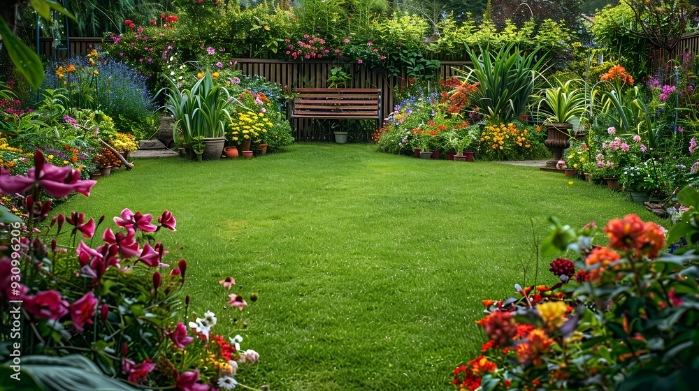 A lush green lawn surrounded by vibrant flowerbeds with a wooden bench in the middle of the garden. A lush green lawn surrounded by vibrant flowerbeds with a wooden bench in the middle of the garden.