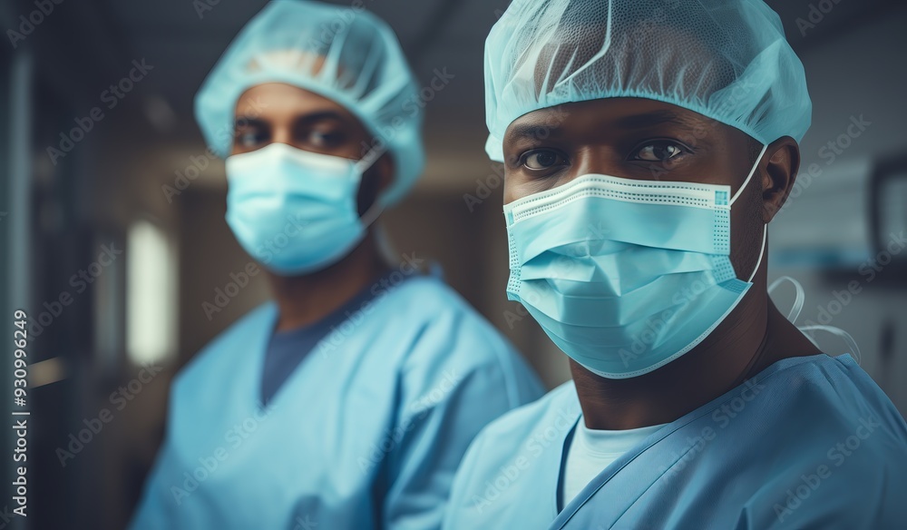 two male doctors in medical masks while standing out of the operation room two male doctors in medical masks while standing out of the operation room