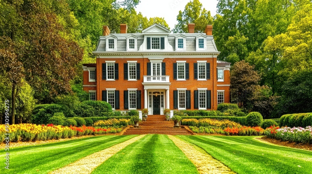 Obraz premium Brick Mansion with Lush Garden and Stone Steps