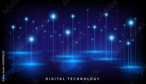 Blue digital technology background with glowing fiber optic lines rising from world map. Concept of high speed internet data connection, 5G network and futuristic cloud computing wallpaper.