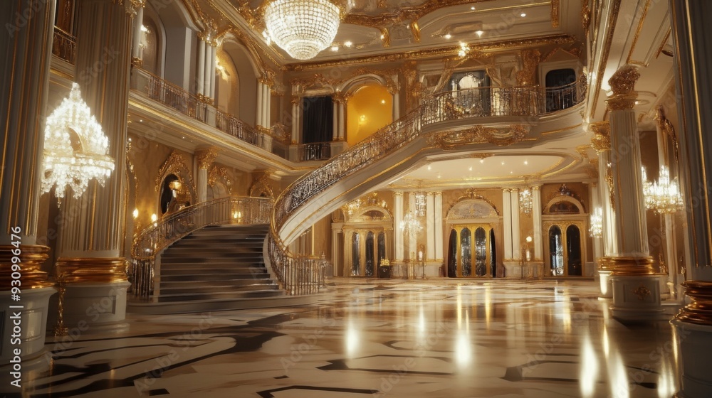 Fototapeta premium Grand foyer with a sweeping staircase, ornate gold accents, and chandeliers.