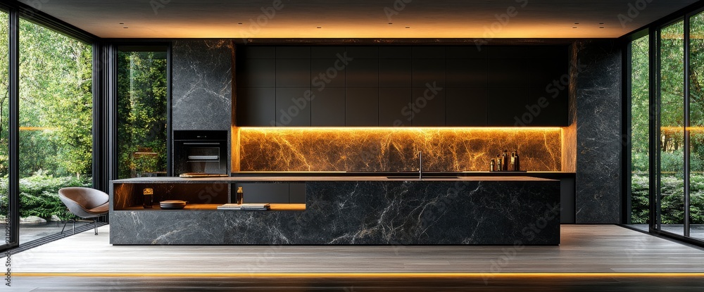 Black Minimalist Kitchen With Wood Floors And Marble Accents Black Minimalist Kitchen With Wood Floors And Marble Accents