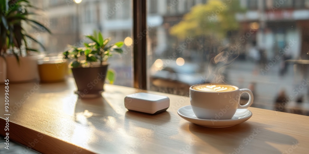 A detailed shot of a portable hotspot device beside a cup of coffee on a cafe table, with the city alive outside A detailed shot of a portable hotspot device beside a cup of coffee on a cafe table, with the city alive outside