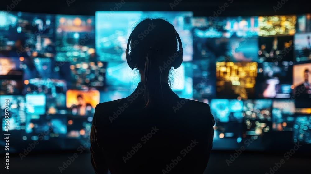 Silhouette of Woman in Front of Video Wall with Blue and Yellow Lights Silhouette of Woman in Front of Video Wall with Blue and Yellow Lights