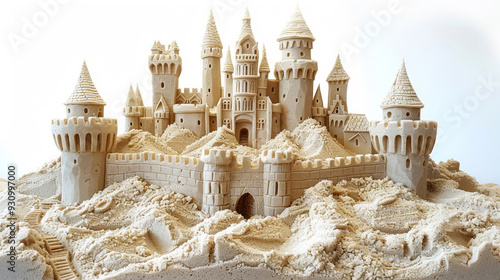 A sandcastle made of soft, smooth beige-colored beach sands on a white backdrop, with towers that rise above its walls. photo