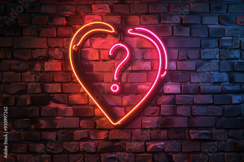 A neon sign of a question mark within a heart-shaped frame on a dark brick wall, suggesting a romantic web concept.