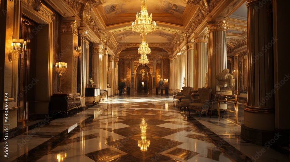 Fototapeta premium A grand, opulent hallway with marble floors, ornate columns, and a chandelier casting warm light.