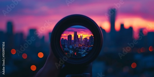 a binocular lens focused on a distant city skyline at dusk, with buildings illuminated against a colorful sky
