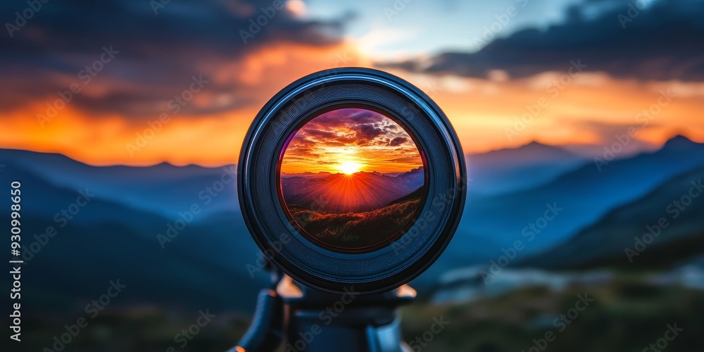Fototapeta premium a camera capturing a stunning sunset over a mountain range, lens reflecting the vibrant hues of the sky