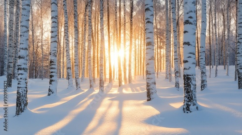 Golden Sunset Through a Birch Forest
