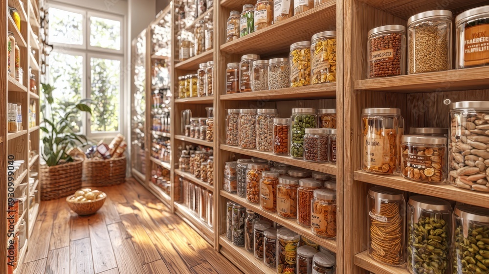 Glass Jars Filled with Dried Goods on Wooden Shelves in a Grocery Store