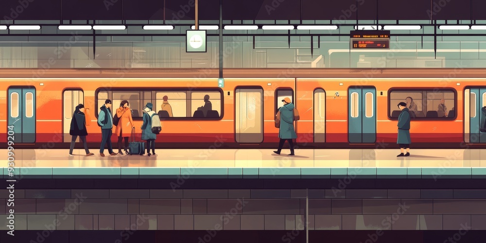 a subway station platform, clean design with a train arriving, passengers preparing to board a subway station platform, clean design with a train arriving, passengers preparing to board